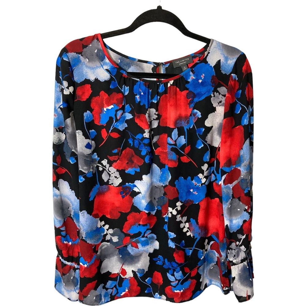 The Limited Womens Medium Smocked Top Black Floral Long Sleeve Ruffle Cuff
